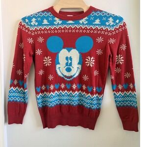 Disney Celebrate Together Mickey Mouse Holiday Fair Isle Sweater Red Blue LG
